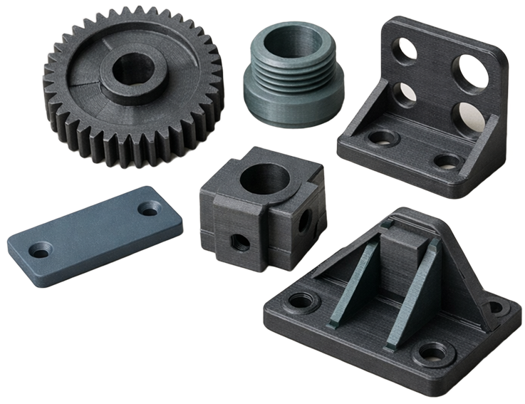3D printed mechanical parts including gears, brackets, and connectors