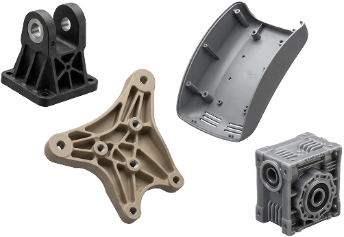 Industrial 3D printed parts including gears, brackets, and mechanical components