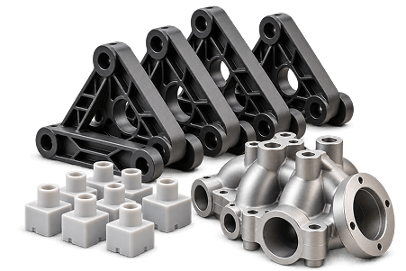 Production 3D printed industrial parts including nylon brackets and metal components