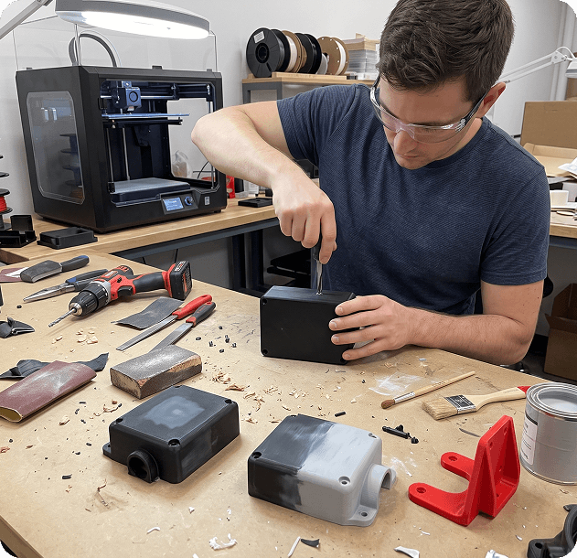 Technician finishing FDM ABS 3D printed parts