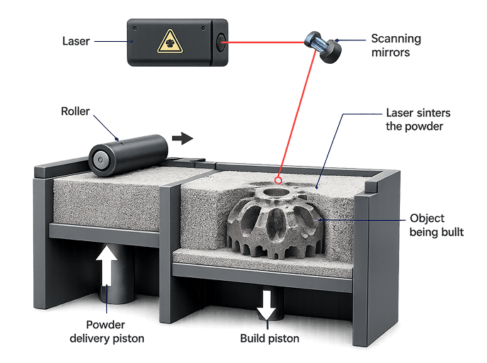 Selective Laser Sintering process diagram showing laser, scanning mirrors, roller, powder bed and build piston